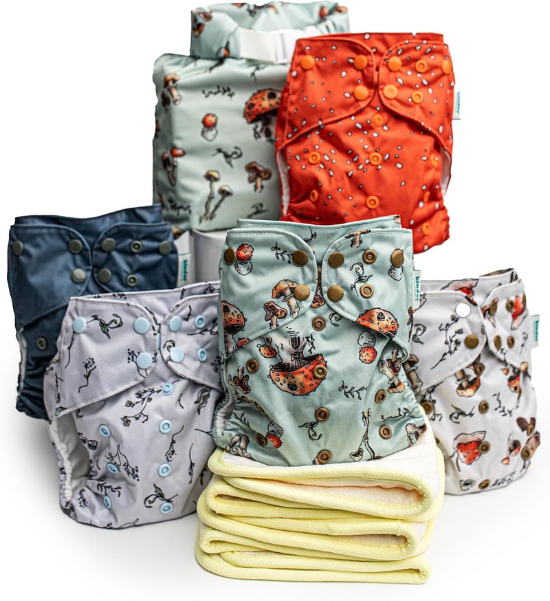 Kinder Cloth Diapers Set of 5 Reusable Baby Diapers Pocket Style Athletic Wicking Jersey, Bamboo Viscose Inserts, Wet Bag, Newborn to Potty Training 7-60lbs, One Size (Forest Fairytale) - Image 1